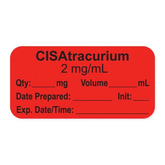 Anesthesia Label, with Expiration Date, Time & Initial (Paper, Permanent) "CisAtracurium 2 mg/ml" 1-1/2" x 3/4", Fluorescent Red - 500 per Roll