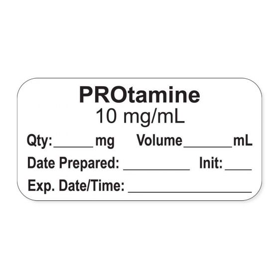 Anesthesia Label, with Expiration Date, Time & Initial (Paper, Permanent) "Protamine 10 mg/ml" 1-1/2" x 3/4" White - 500 per Roll