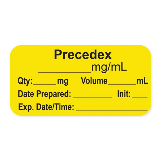 Anesthesia Label, with Expiration Date, Time & Initial (Paper, Permanent) "Precedex mg/ml" 1-1/2" x 3/4", Yellow - 500 per Roll