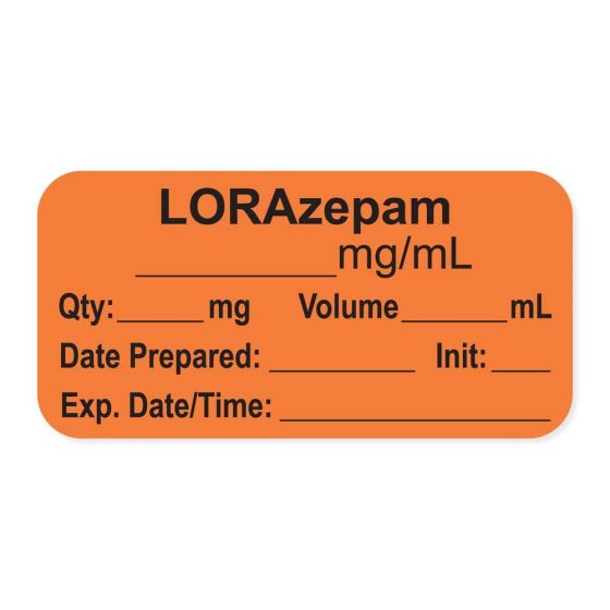 Anesthesia Label, with Expiration Date, Time & Initial (Paper, Permanent) "Lorazepam mg/ml" 1-1/2" x 3/4", Orange, - 500 per Roll