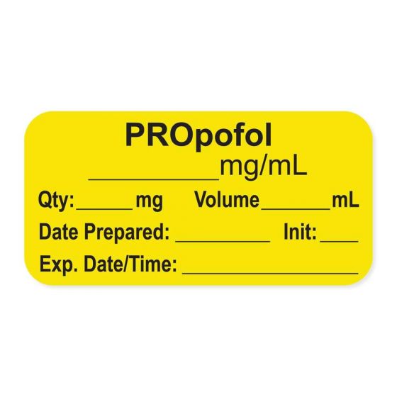 Anesthesia Label, with Expiration Date, Time & Initial (Paper, Permanent) "Propofol mg/ml" 1-1/2" x 3/4", Yellow - 500 per Roll