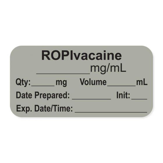 Anesthesia Label, with Expiration Date, Time & Initial (Paper, Permanent) "Ropivacaine mg/ml" 1-1/2" x 3/4", Gray - 500 per Roll