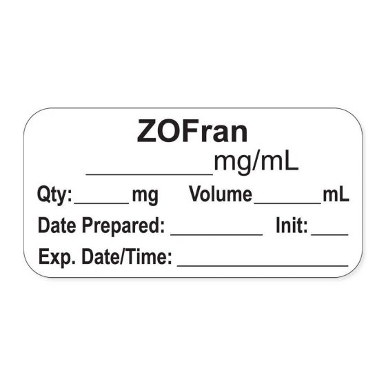 Anesthesia Label, with Expiration Date, Time & Initial (Paper, Permanent) "Zofran mg/ml" 1-1/2" x 3/4" White - 500 per Roll