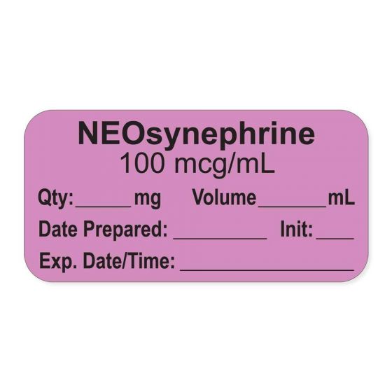 ANESTHESIA LABEL, WITH EXP. DATE, TIME, AND INITIAL, PAPER, PERMANENT, "NEOSYNEPHRINE 100 MCG/ML", 1" CORE, 1-1/2" X 3/4", VIOLET, 500 PER ROLL