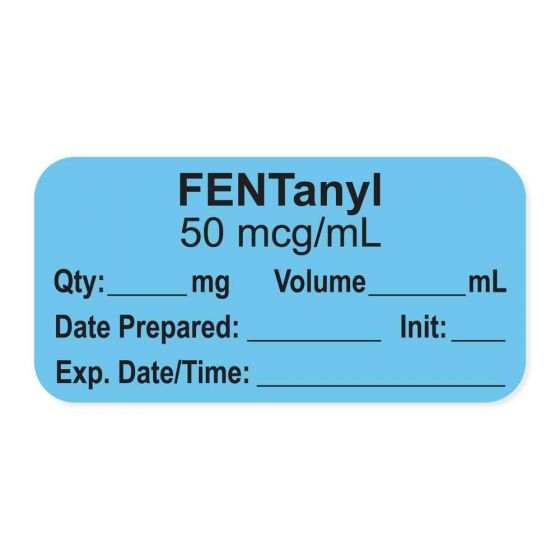 ANESTHESIA LABEL, WITH EXP. DATE, TIME, AND INITIAL, PAPER, PERMANENT, "FENTANYL 50 MCG/ML", 1" CORE, 1-1/2" X 3/4", BLUE, 500 PER ROLL