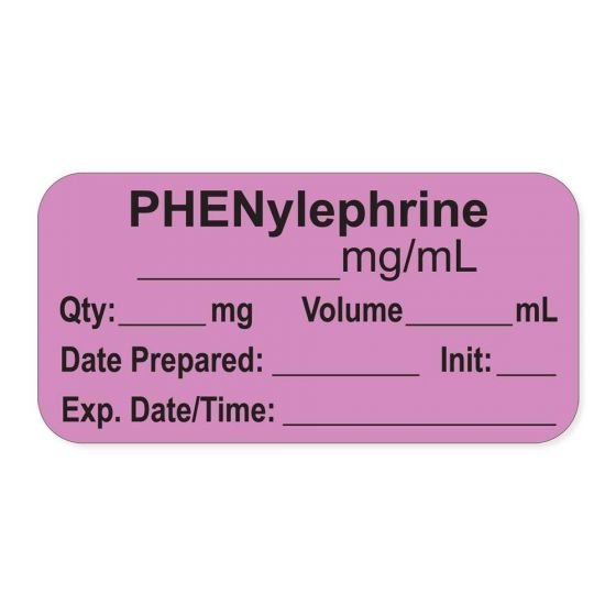 ANESTHESIA LABEL, WITH EXP. DATE, TIME, AND INITIAL, PAPER, PERMANENT, "PHENYLEPHRINE MG/ML", 1" CORE, 1-1/2" X 3/4", VIOLET, 500 PER ROLL