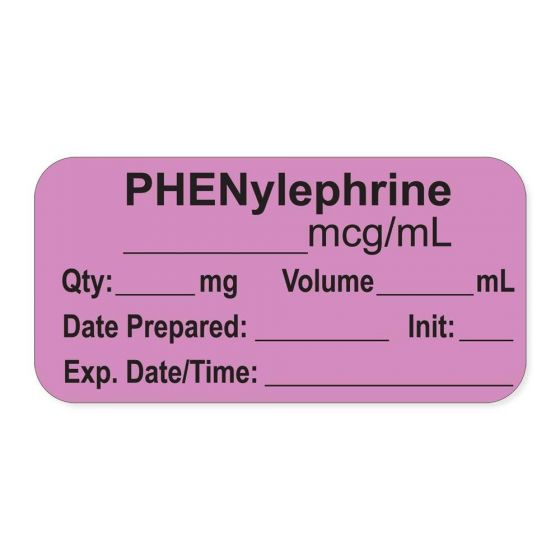 ANESTHESIA LABEL, WITH EXP. DATE, TIME, AND INITIAL, PAPER, PERMANENT, "PHENYLEPHRINE MCG/ML", 1" CORE, 1-1/2" X 3/4", VIOLET, 500 PER ROLL