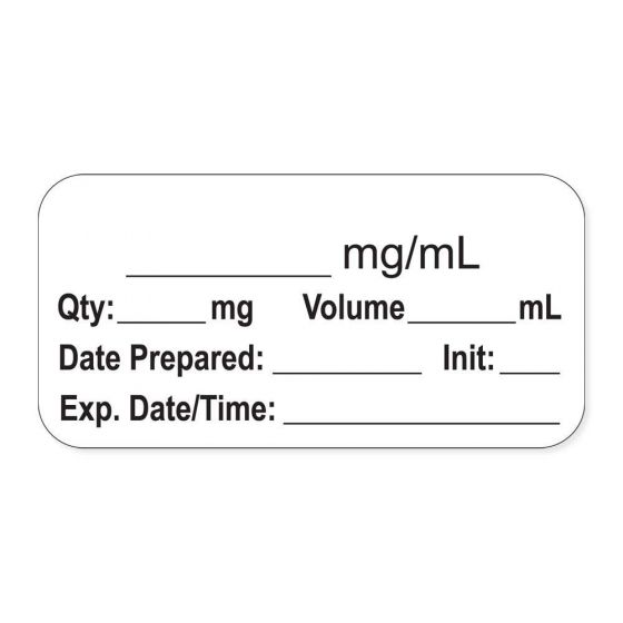 ANESTHESIA LABEL, WITH EXP. DATE, TIME, AND INITIAL, PAPER, PERMANENT, "___ MG/ML", 1" CORE, 1-1/2" X 3/4", WHITE, 500 PER ROLL