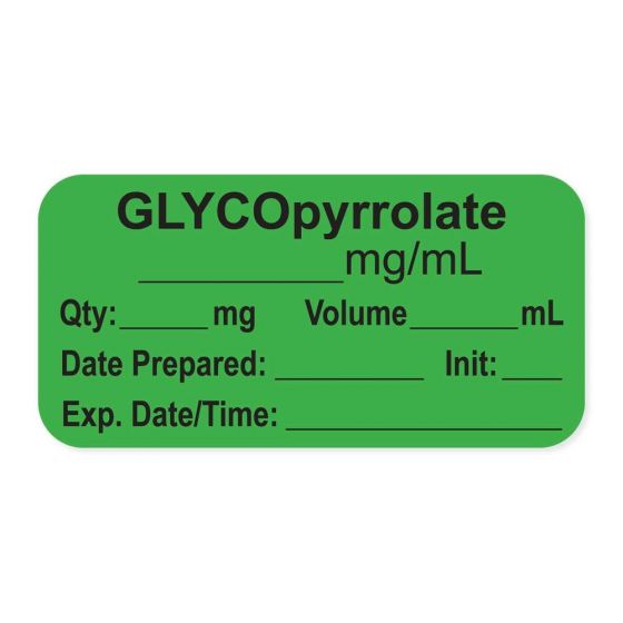 ANESTHESIA LABEL, WITH EXP. DATE, TIME, AND INITIAL, PAPER, PERMANENT, "GLYCOPYRROLATE MG/ML", 1" CORE, 1-1/2" X 3/4", GREEN, 500 PER ROLL