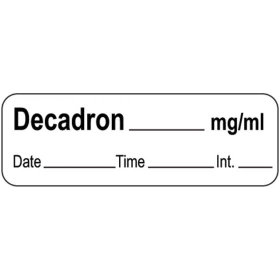 Anesthesia Label with Date, Time & Initial (Paper, Permanent) Decadron mg/ml 1 1/2" x 1/2" White - 600 per Roll