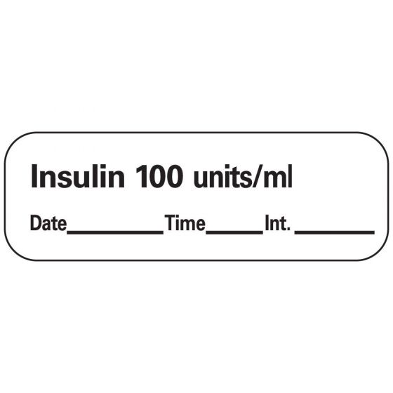 Anesthesia Label with Date, Time & Initial (Paper, Permanent) Insulin 100 Units/ml 1 1 1/2" x 1/2" White - 600 per Roll