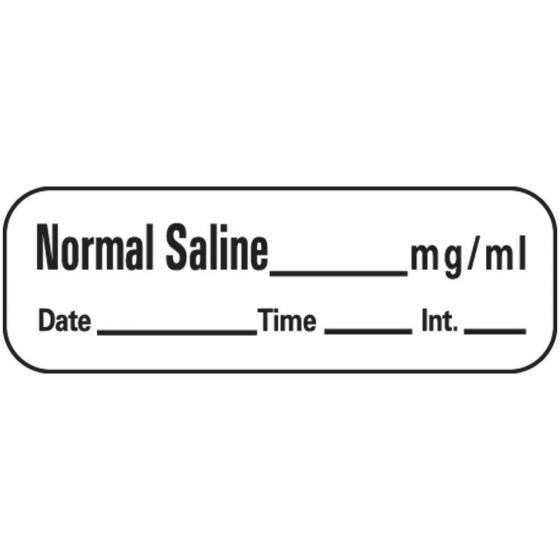 Anesthesia Label with Date, Time & Initial (Paper, Permanent) Normal Saline mg/ml 1 1/2" x 1/2" White - 600 per Roll