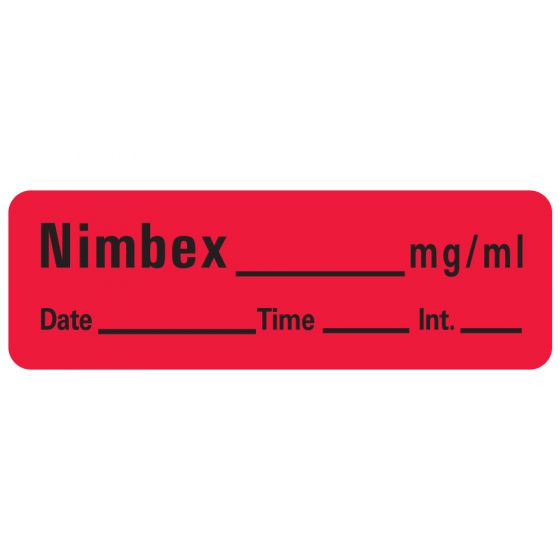 Anesthesia Label with Date, Time & Initial (Paper, Permanent) Nimbex mg/ml Date 1 1/2" x 1/2" Fluorescent Red - 600 per Roll