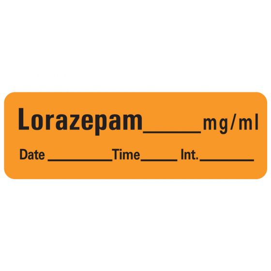 Anesthesia Label with Date, Time & Initial (Paper, Permanent) Lorazepam mg/ml 1 1/2" x 1/2" Orange - 600 per Roll