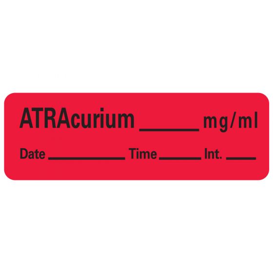 Anesthesia Label with Date, Time & Initial (Paper, Permanent) Atracurium mg/ml 1 1/2" x 1/2" Fluorescent Red - 600 per Roll