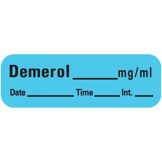 Anesthesia Label with Date, Time & Initial (Paper, Permanent) Demerol mg/ml 1 1/2" x 1/2" Blue - 600 per Roll