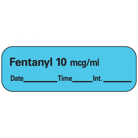 Anesthesia Label with Date, Time & Initial (Paper, Permanent) Fentanyl 10 mcg/ml 1 1 1/2" x 1/2" Blue - 600 per Roll