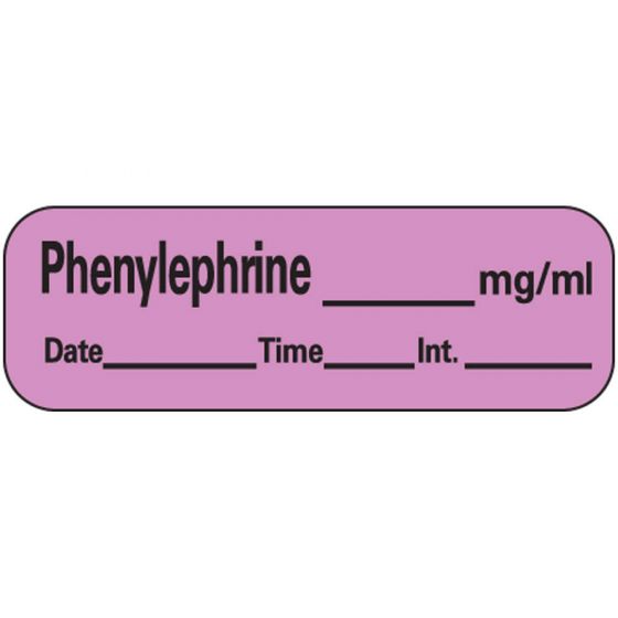 Anesthesia Label with Date, Time & Initial (Paper, Permanent) Phenylephrine mg/ml 1 1/2" x 1/2" Violet - 600 per Roll