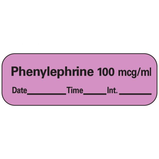 Anesthesia Label with Date, Time & Initial (Paper, Permanent) Phenylephrine 100 1 1 1/2" x 1/2" Violet - 600 per Roll
