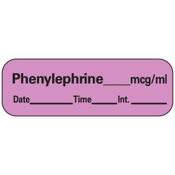 Anesthesia Label with Date, Time & Initial (Paper, Permanent) Phenylephrine 1 1/2" x 1/2" Violet - 600 per Roll