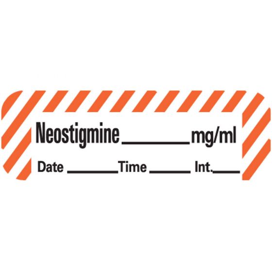 Anesthesia Label with Date, Time & Initial (Paper, Permanent) Neostigmine mg/ml 1 1/2" x 1/2" White with Fluorescent Red - 600 per Roll