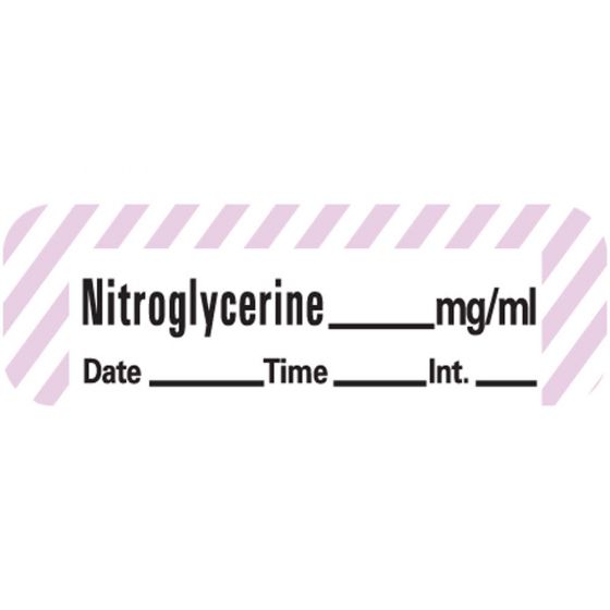 Anesthesia Label with Date, Time & Initial (Paper, Permanent) Nitroglycerine 1 1/2" x 1/2" White with Violet - 600 per Roll