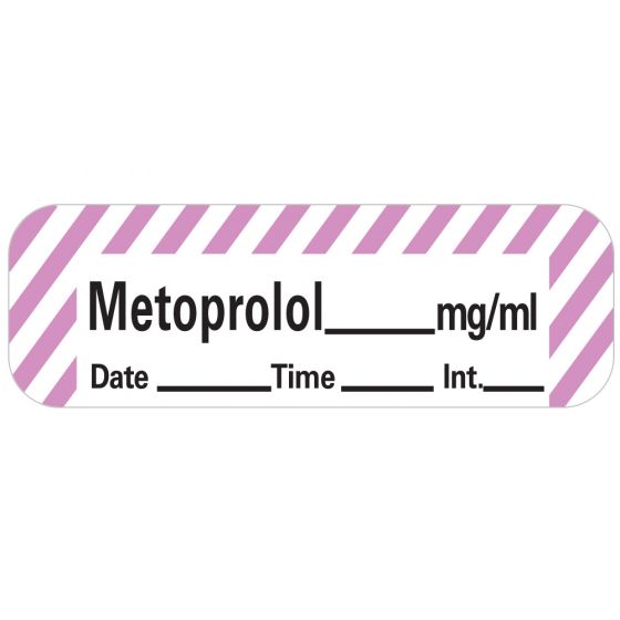 Anesthesia Label with Date, Time & Initial (Paper, Permanent) Metoprolol mg/ml 1 1/2" x 1/2" White with Violet - 600 per Roll
