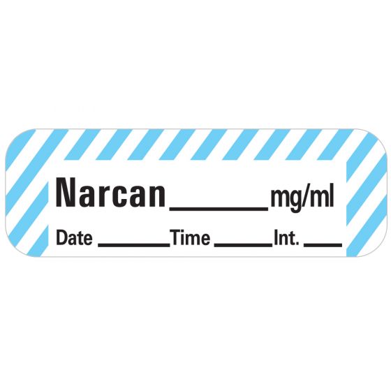 Anesthesia Label with Date, Time & Initial (Paper, Permanent) Narcan mg/ml Date 1 1/2" x 1/2" White with Blue - 600 per Roll