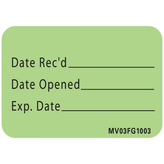 Lab Communication Label (Paper, Removable) Date Recd 1 7/16"x1 Fluorescent Green - 666 per Roll