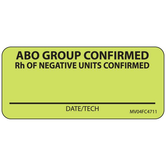 Lab Communication Label (Paper, Removable) ABO Group Confirmed 2 1/4"x1 Fluorescent Chartreuse - 420 per Roll