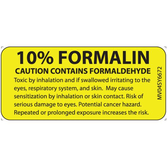 Lab Communication Label (Paper, Permanent) 10%; Formalin Caution 1 Core 2 1/4"x1 Yellow - 420 per Roll