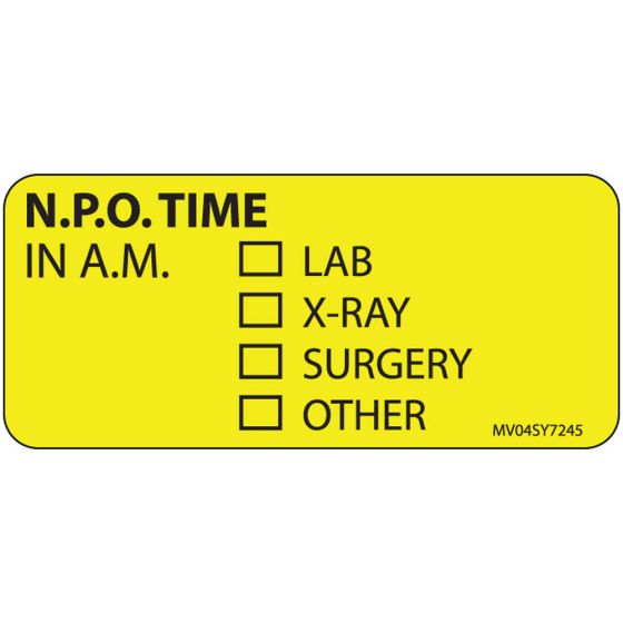 Label Paper Permanent N.P.O. Time In, 1" Core, 2 1/4" x 1", Yellow, 420 per Roll