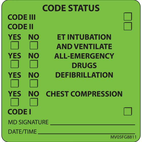 Label Paper Removable Code Status Code, 1" Core, 2 7/16" x 2 1/2", Fl. Green, 400 per Roll
