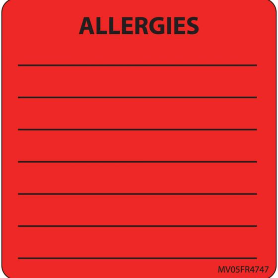 Label Paper Removable Allergies, 1" Core, 2 7/16" x 2 1/2", Fl. Red, 400 per Roll