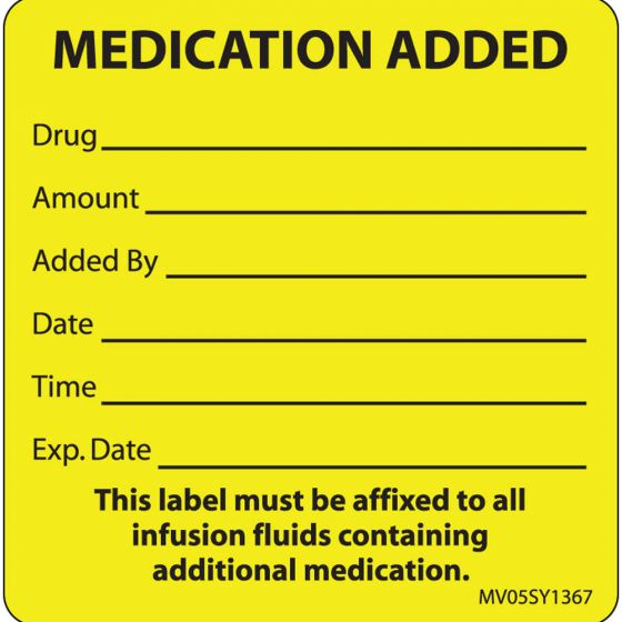 Label Paper Permanent Medication Added, 1" Core, 2 7/16" x 2 1/2", Yellow, 400 per Roll
