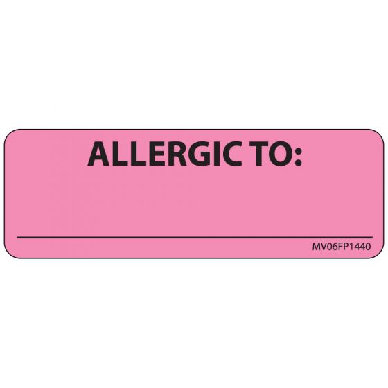 Label Paper Removable Allergic To:, 1" Core, 2 15/16" x 1", Fl. Pink, 333 per Roll
