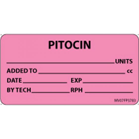 Label Paper Removable Pitocin Units, 1" Core, 2 15/16" x 1", 1/2", Fl. Pink, 333 per Roll