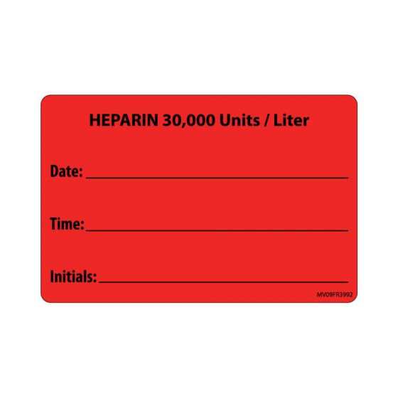 Label Paper Permanent Heparin 30000 1" Core 4"x2 5/8" Fl. Red 375 per Roll