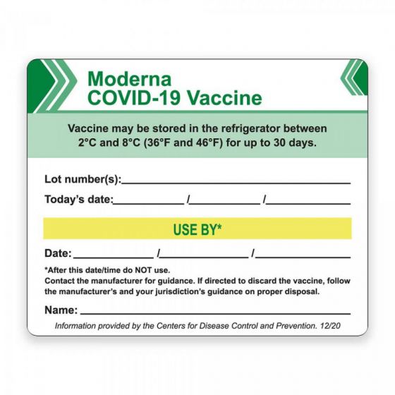 Moderna COVID-19 Vaccine Tracking Label, CDC "Beyond Use Date/Time (Bud)", 4" X 3-1/4", 250 per Roll