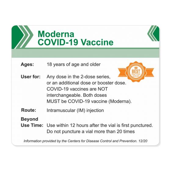 Moderna COVID-19 Vaccine Storage & Handling Label, CDC, 4" X 3-1/4", 250 per Roll