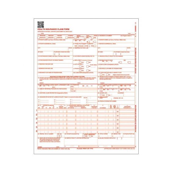 HCFA CLAIM FORM 1500 NO BARCODE LASER|1 PART 02/12 WHITE AND RED 2500 PER BOX