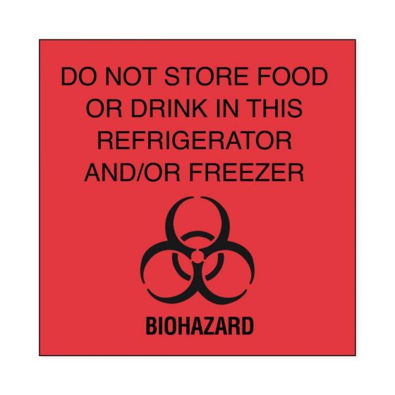 Hazard Label (Paper, Permanent) Do Not Store Food or 4 1/2"x4 1/2" Fluorescent Red - 250 Labels per Roll