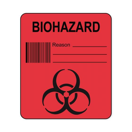 Hazard Label (Paper, Permanent) Biohazard Reason  1 1/2"x1 3/4" Fluorescent Red - 250 Labels per Roll