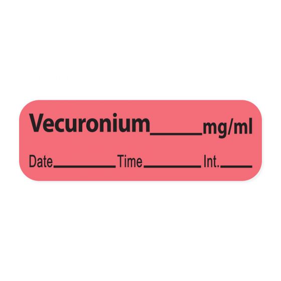 Anesthesia Label with Date, Time & Initial (Paper, Permanent) Vecuronium mg/ml 1 1/2" x 1/2" Fluorescent Red - 600 per Roll