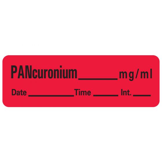 Anesthesia Label with Date, Time & Initial (Paper, Permanent) Pancuronium mg/ml 1 1/2" x 1/2" Fluorescent Red - 600 per Roll