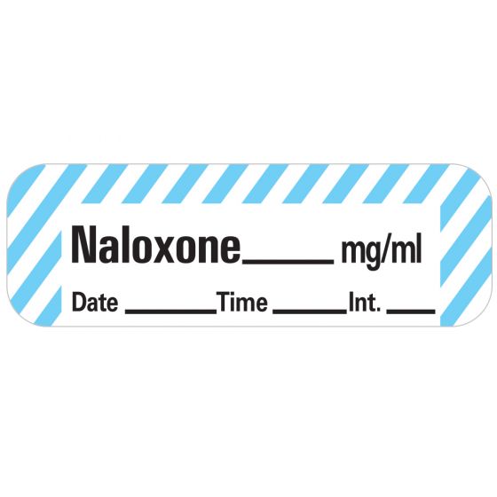 Anesthesia Label with Date, Time & Initial (Paper, Permanent) Naloxone mg/ml 1 1/2" x 1/2" White with Blue - 600 per Roll