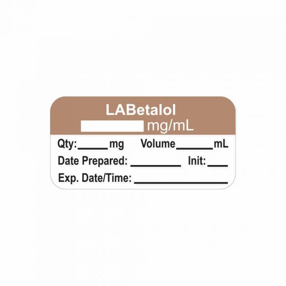 Anesthesia Label, with Expiration Date, Time & Initial (Paper, Permanent) "Labetalol mg/ml" 1-1/2" x 3/4", Copper with White, - 500 per Roll