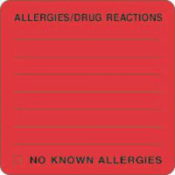 Label Paper Removable Allergies/drug React 2 1/2" x 2 1/2", Fl. Red, 500 per Roll