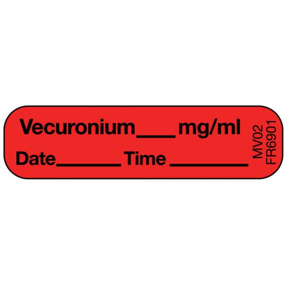Label Paper Permanent Vecuronium mg/ml, 1" Core, 1 7/16" x 3/8", Fl. Red, 666 per Roll
