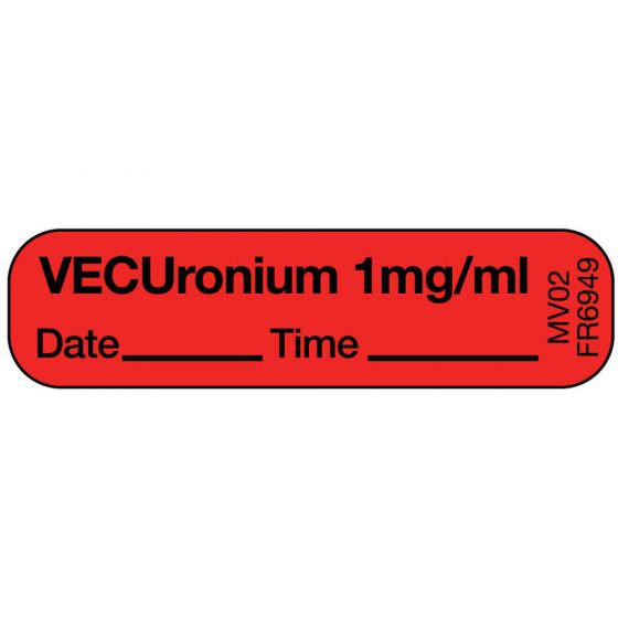 Label Paper Permanent Vecuronium 1" mg/ml 1 Core 1 7/16" x 3/8", Fl. Red, 666 per Roll